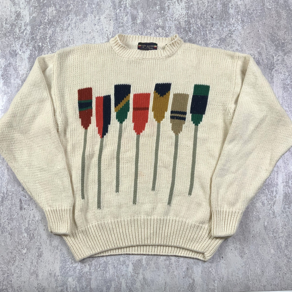 Vintage New River Sweater Mens Large Beige Paddles Knit Ivy Preppy J. Riggins